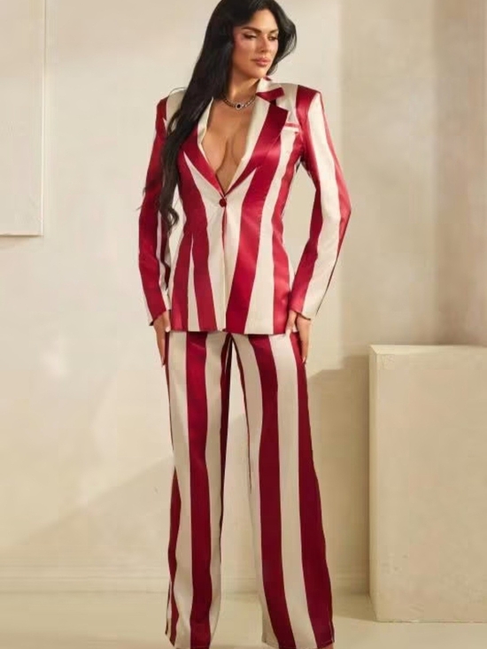 The Sang Pants - Red & White Striped Tailored Blazer with Wide-Leg Trousers